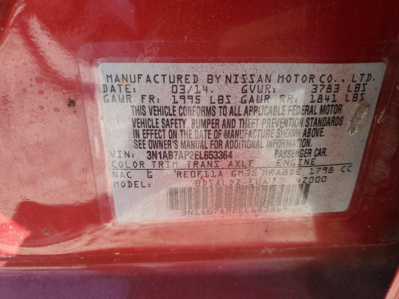 3N1AB7AP2EL653364 2014 Nissan Sentra S