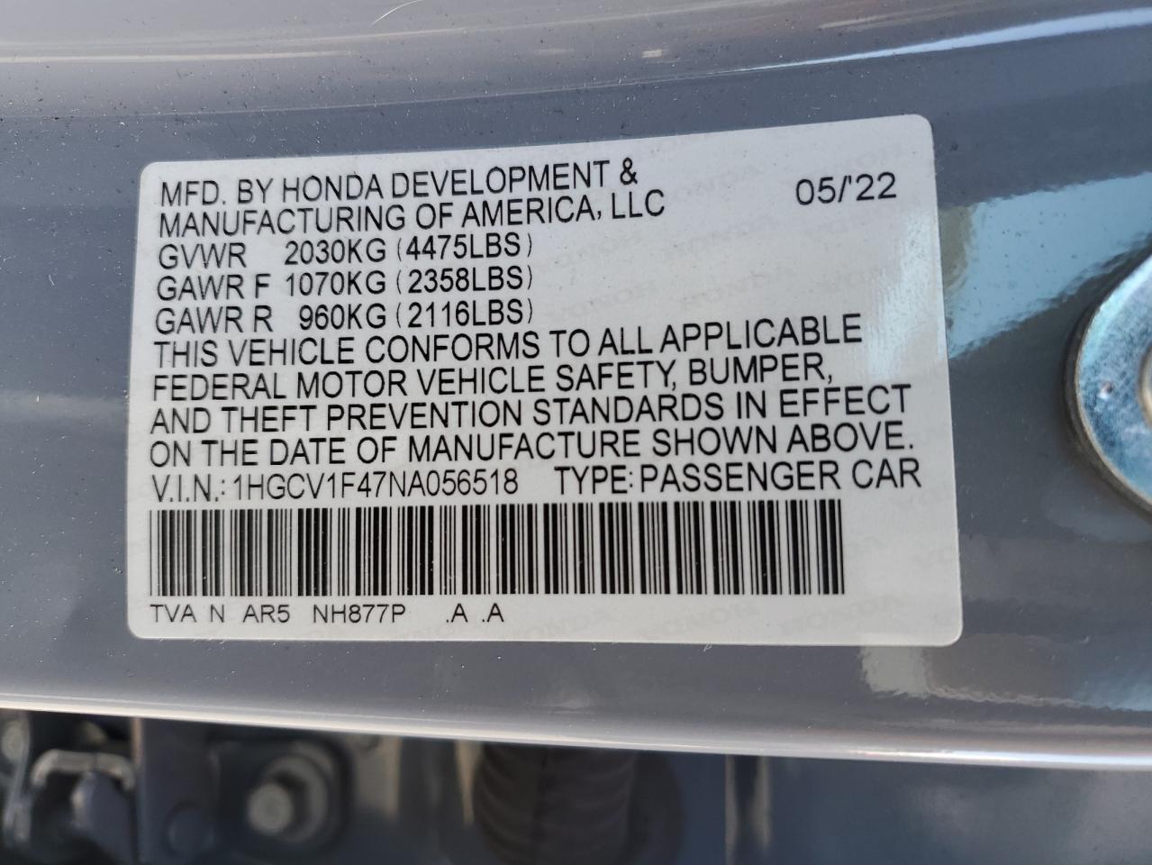 1HGCV1F47NA056518 2022 Honda Accord Sport Se