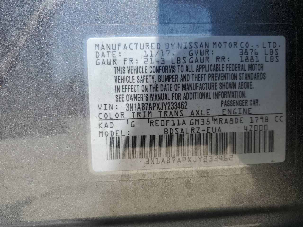 3N1AB7APXJY233462 2018 Nissan Sentra S