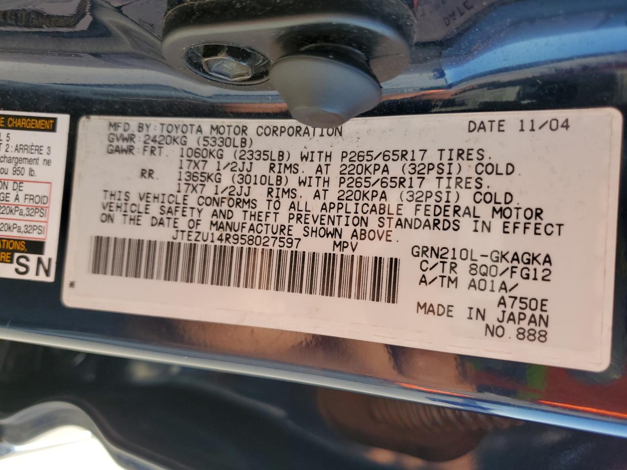 JTEZU14R958027597 2005 Toyota 4Runner Sr5