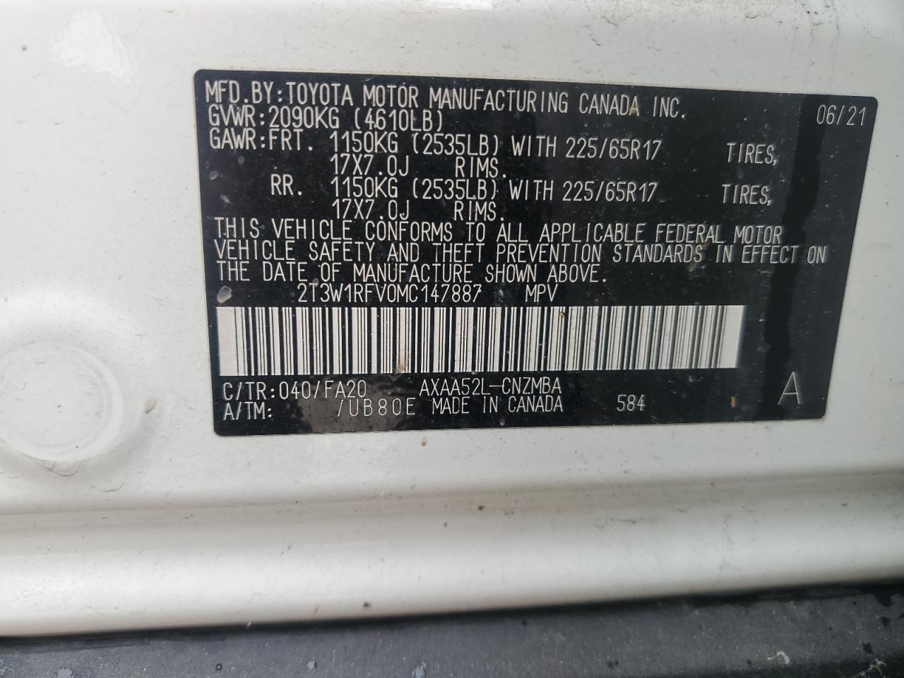 2T3W1RFV0MC147887 2021 Toyota Rav4 Xle