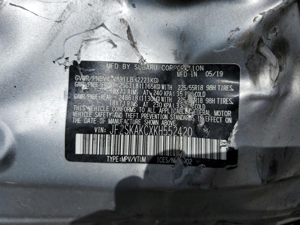 JF2SKAKCXKH552420 2019 Subaru Forester Sport