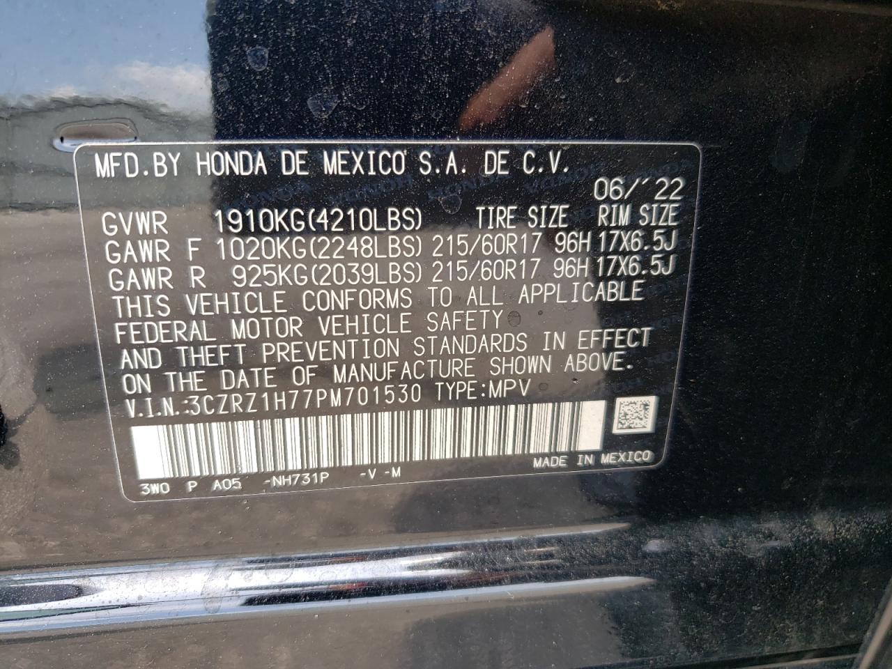 3CZRZ1H77PM701530 2023 Honda Hr-V Exl