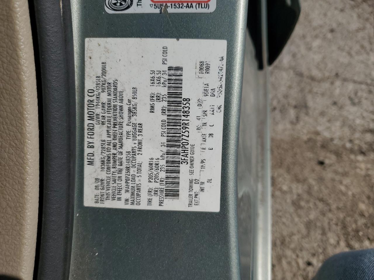 3FAHP07Z59R148358 2009 Ford Fusion Se