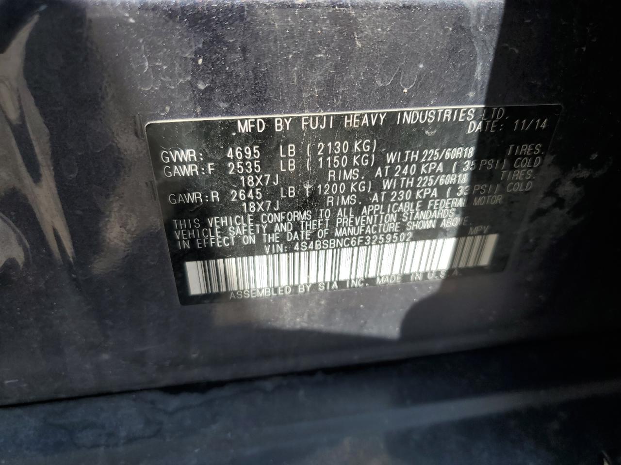 4S4BSBNC6F3259502 2015 Subaru Outback 2.5I Limited