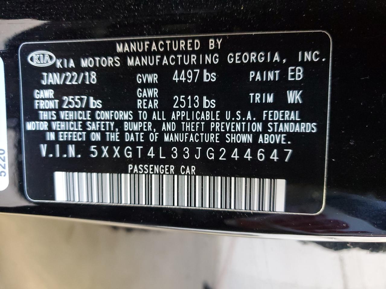 5XXGT4L33JG244647 2018 Kia Optima Lx