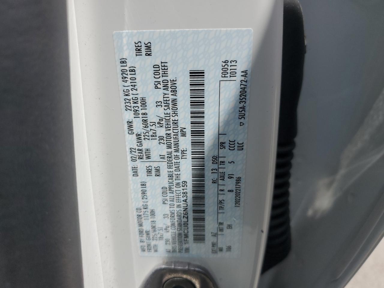 1FMCU0LZ6NUA38159 2022 Ford Escape Titanium