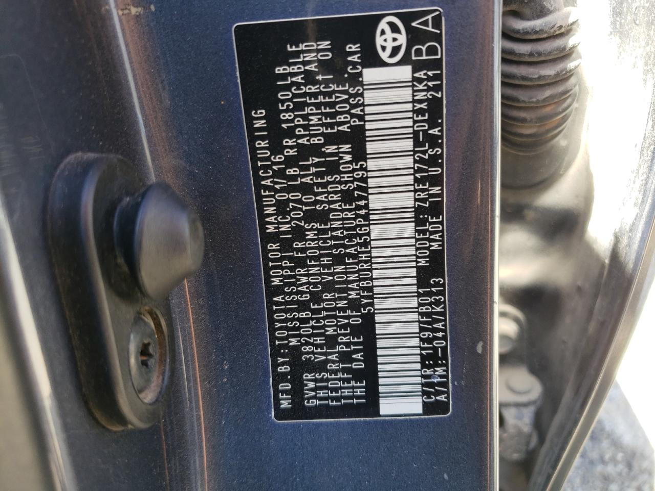 5YFBURHE5GP447795 2016 Toyota Corolla L