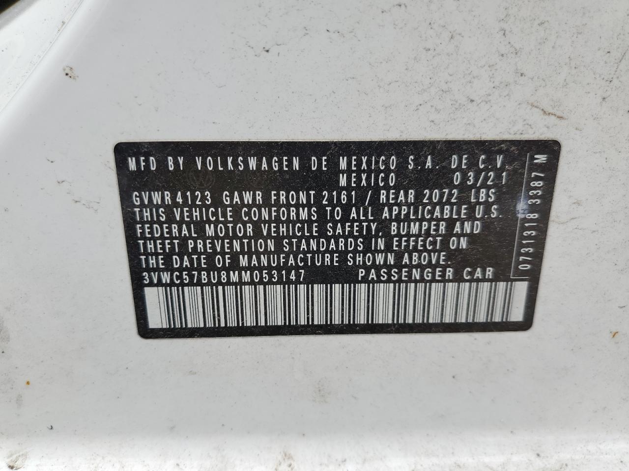 3VWC57BU8MM053147 2021 Volkswagen Jetta S