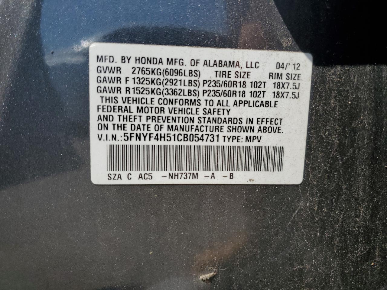 5FNYF4H51CB054731 2012 Honda Pilot Exl