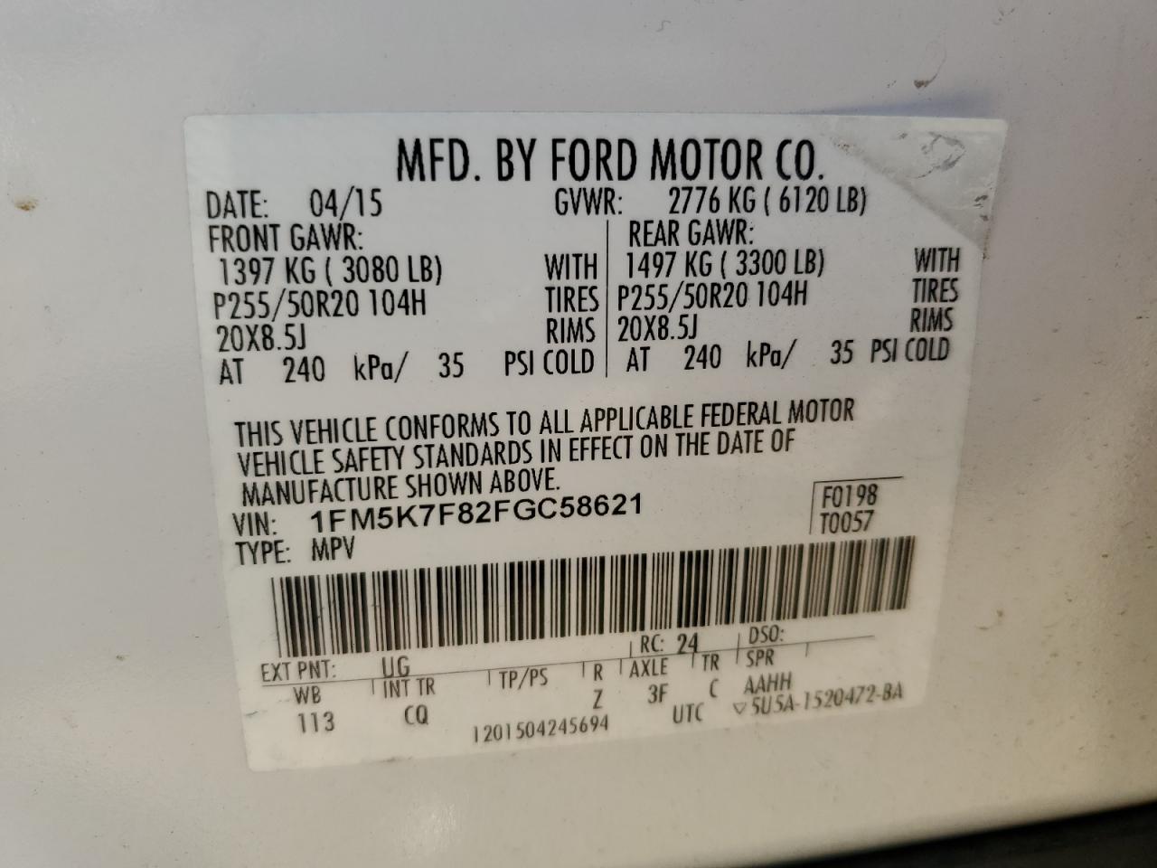 1FM5K7F82FGC58621 2015 Ford Explorer Limited