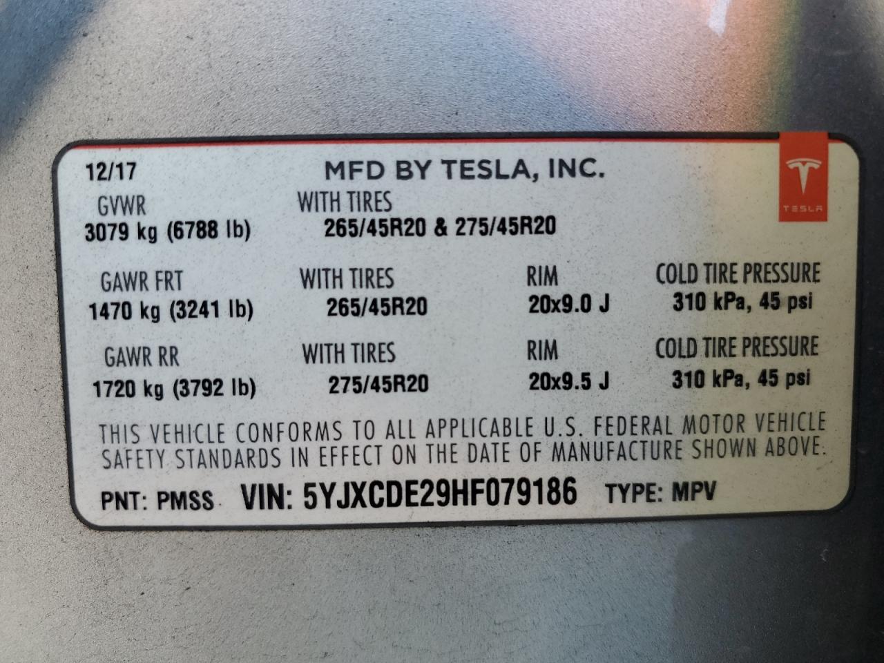 5YJXCDE29HF079186 2017 Tesla Model X