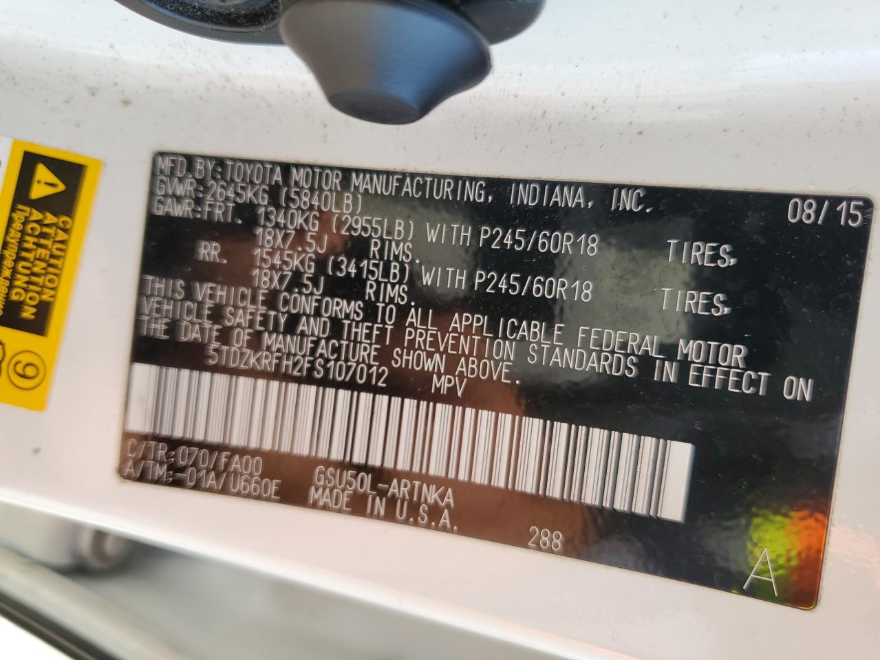 5TDZKRFH2FS107012 2015 Toyota Highlander Le