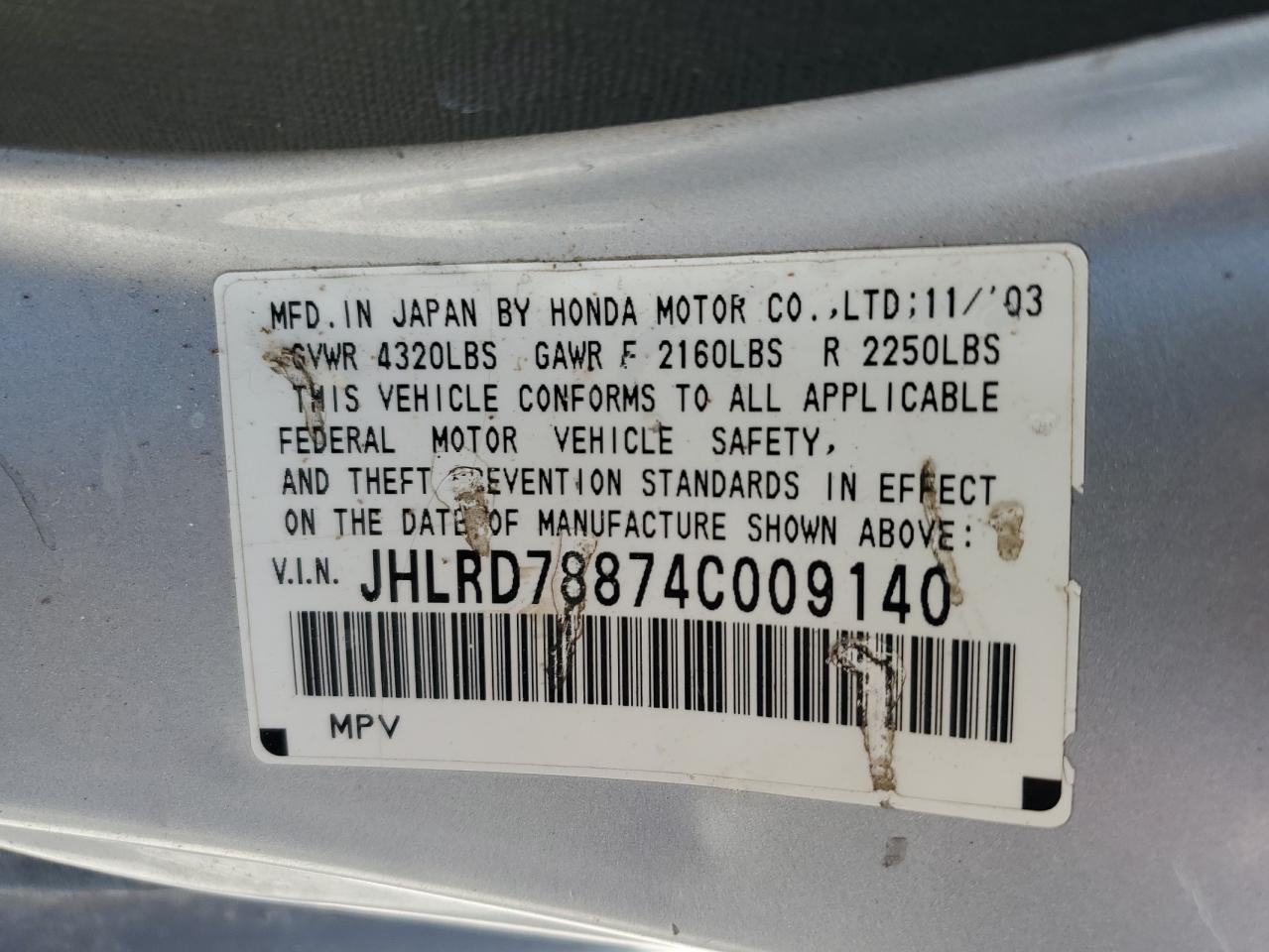 JHLRD78874C009140 2004 Honda Cr-V Ex