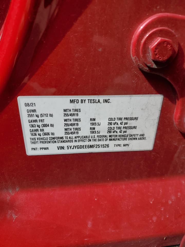 5YJYGDEE6MF251526 2021 Tesla Model Y