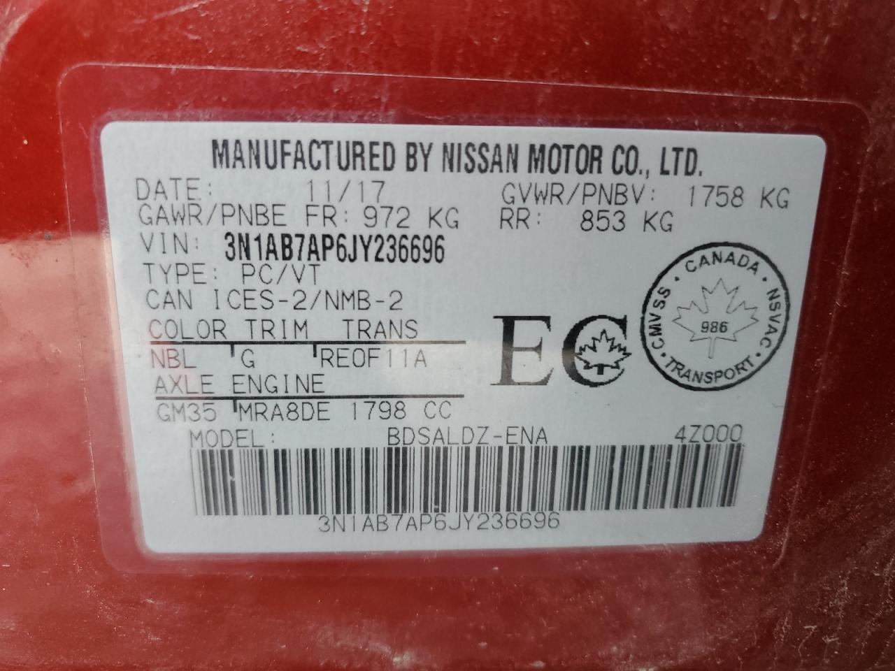 3N1AB7AP6JY236696 2018 Nissan Sentra S