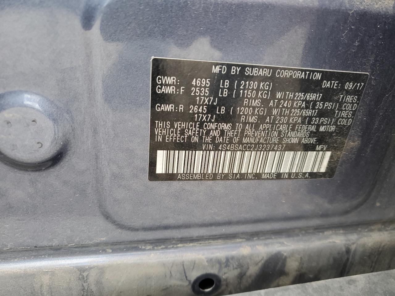 4S4BSACC2J3237437 2018 Subaru Outback 2.5I Premium