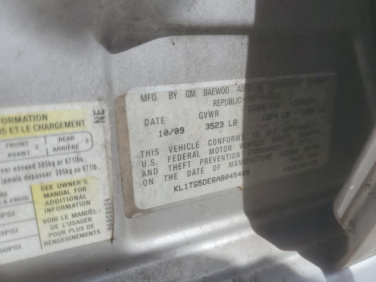 KL1TG5DE6AB045405 2010 Chevrolet Aveo Lt