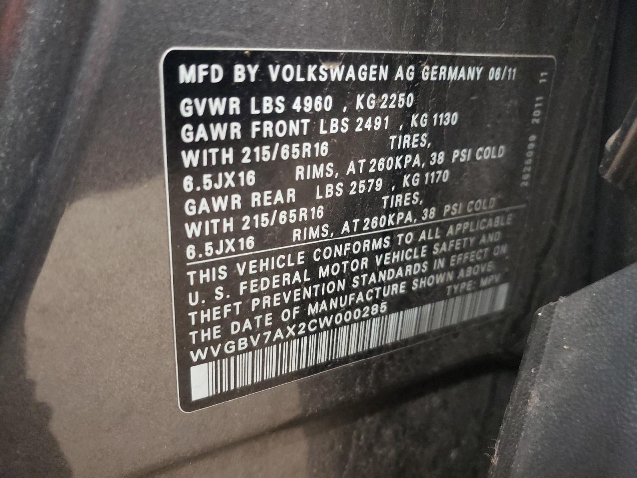 WVGBV7AX2CW000285 2012 Volkswagen Tiguan S