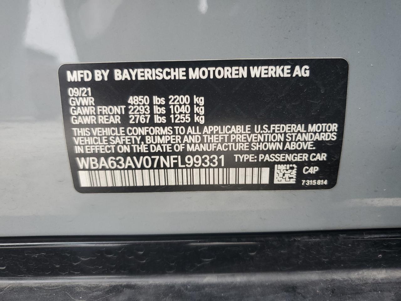 WBA63AV07NFL99331 2022 BMW 430I Gran Coupe