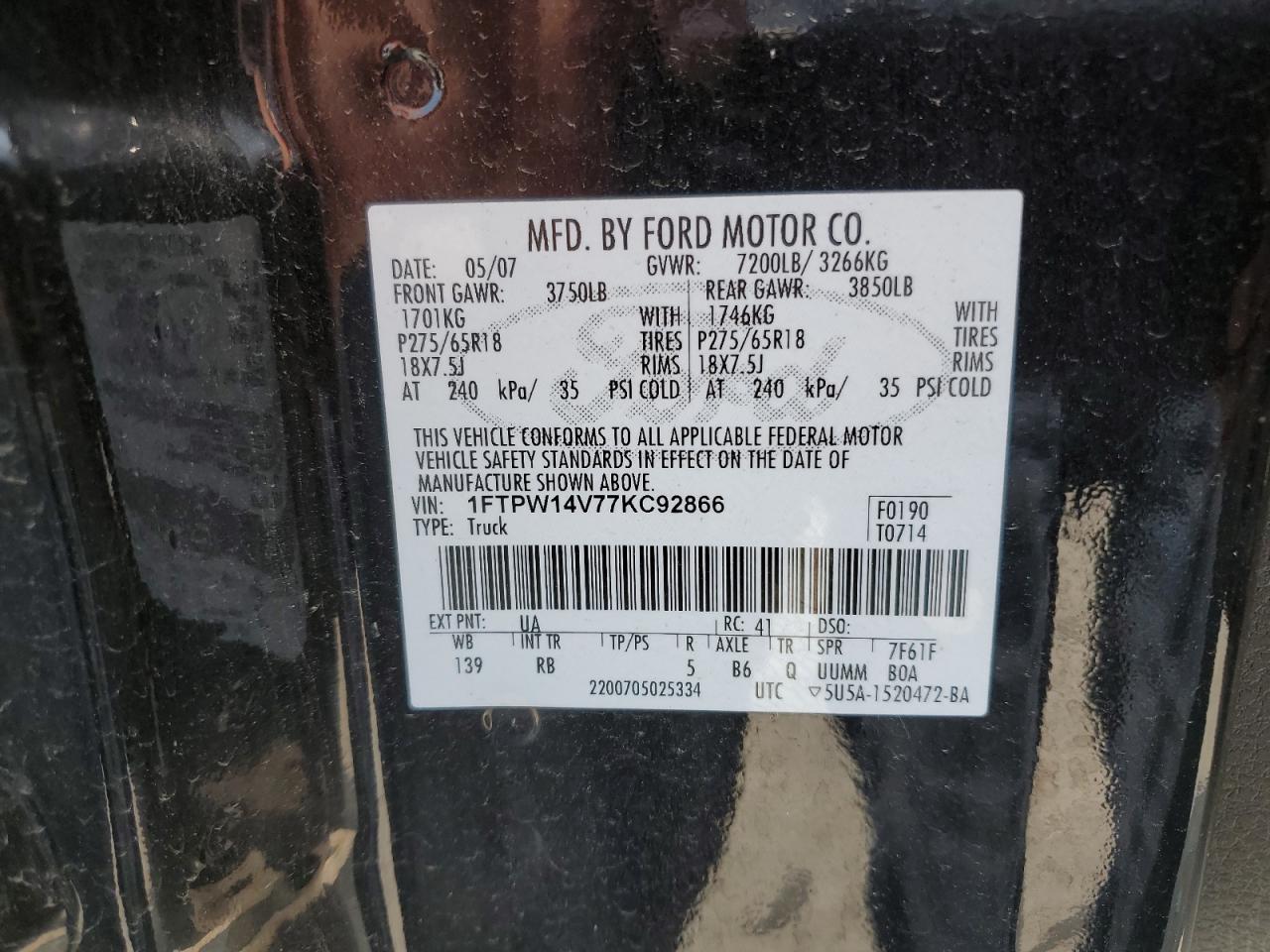 1FTPW14V77KC92866 2007 Ford F150 Supercrew