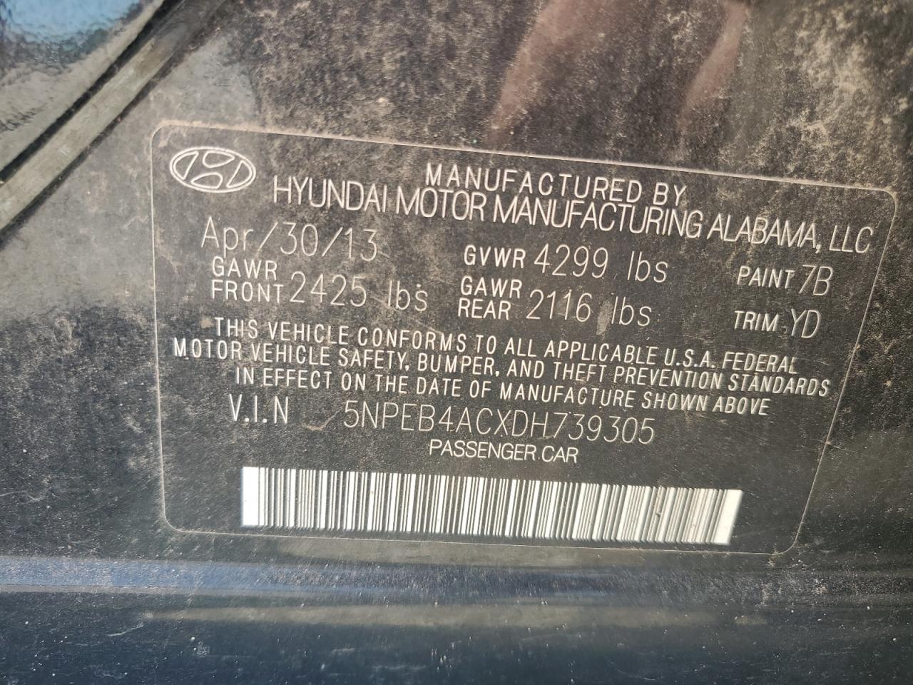 5NPEB4ACXDH739305 2013 Hyundai Sonata Gls