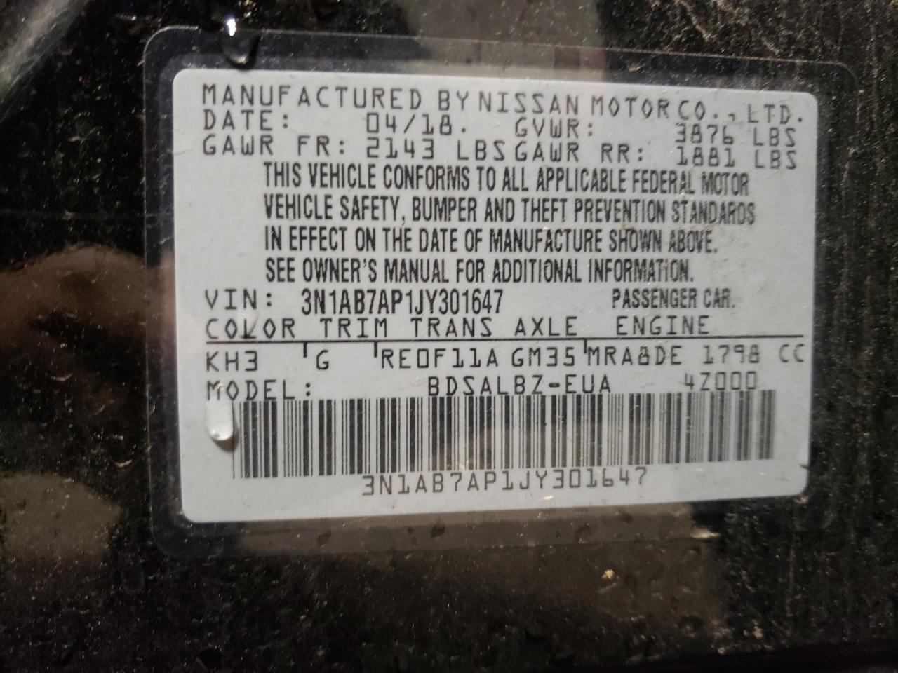 3N1AB7AP1JY301647 2018 Nissan Sentra S