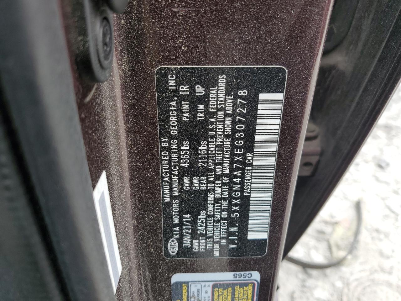 5XXGN4A7XEG307278 2014 Kia Optima Ex