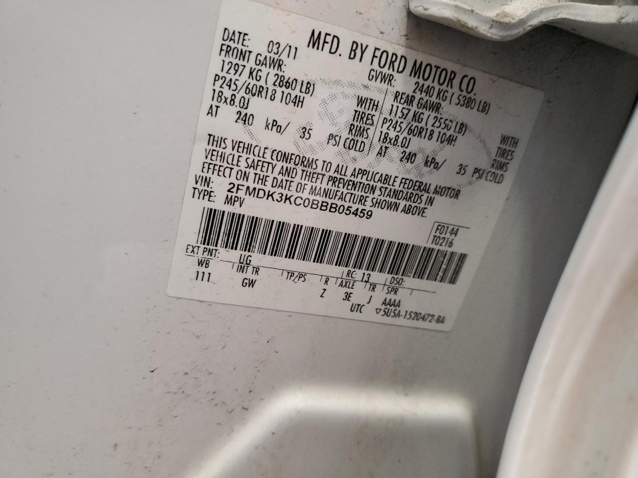 2FMDK3KC0BBB05459 2011 Ford Edge Limited