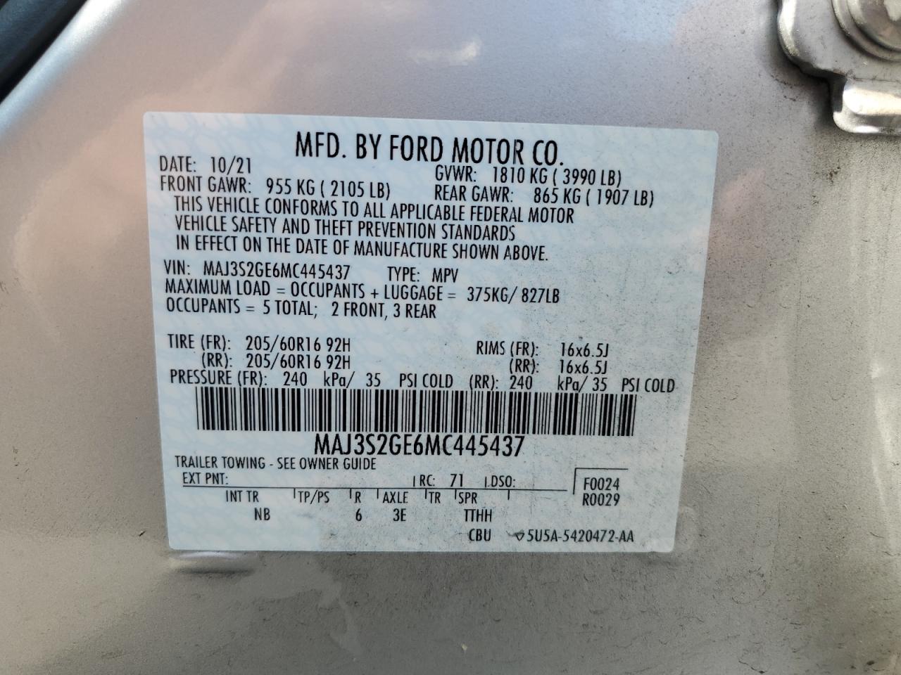 MAJ3S2GE6MC445437 2021 Ford Ecosport Se