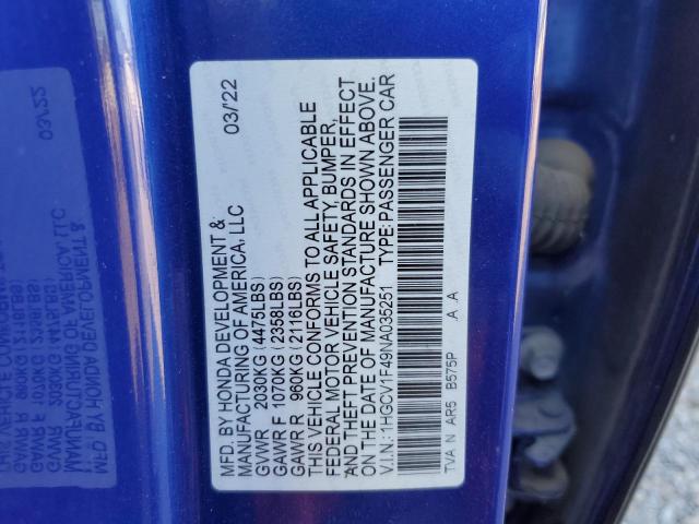 2022 Honda Accord Sport Se VIN: 1HGCV1F49NA035251 Lot: 58643014