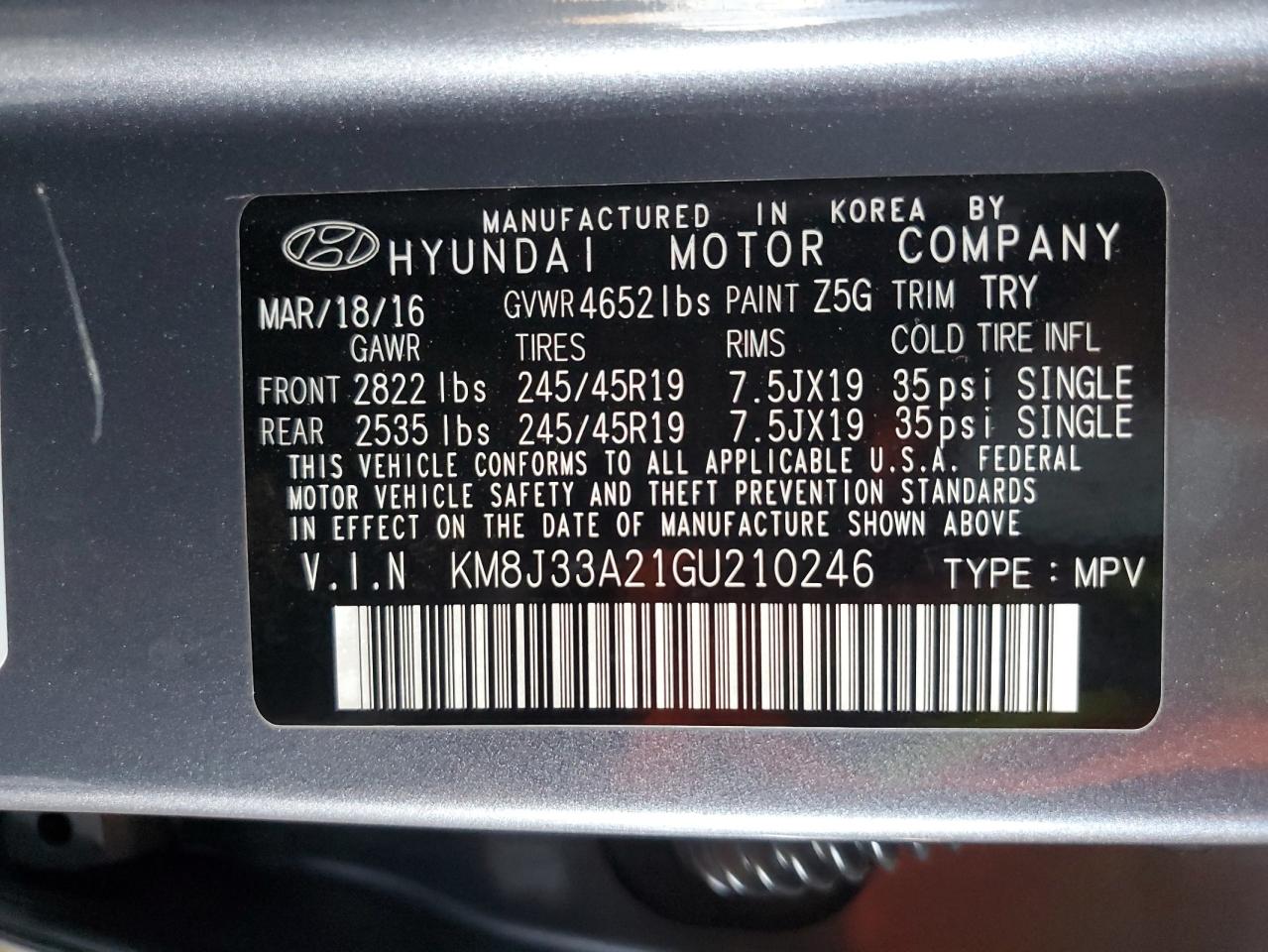 KM8J33A21GU210246 2016 Hyundai Tucson Limited