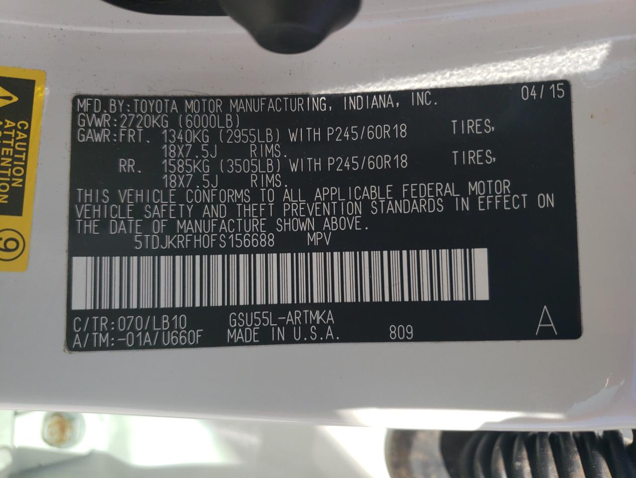 5TDJKRFH0FS156688 2015 Toyota Highlander Xle