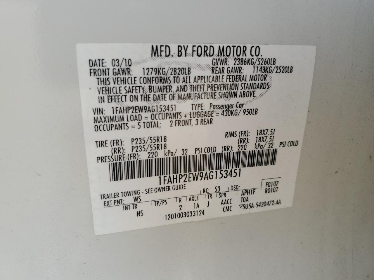 1FAHP2EW9AG153451 2010 Ford Taurus Sel