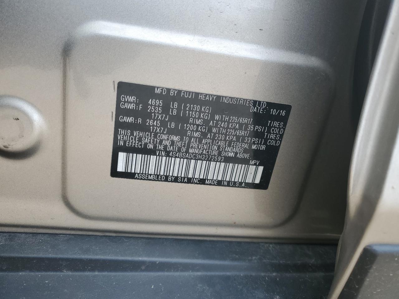 4S4BSADC3H3272593 2017 Subaru Outback 2.5I Premium