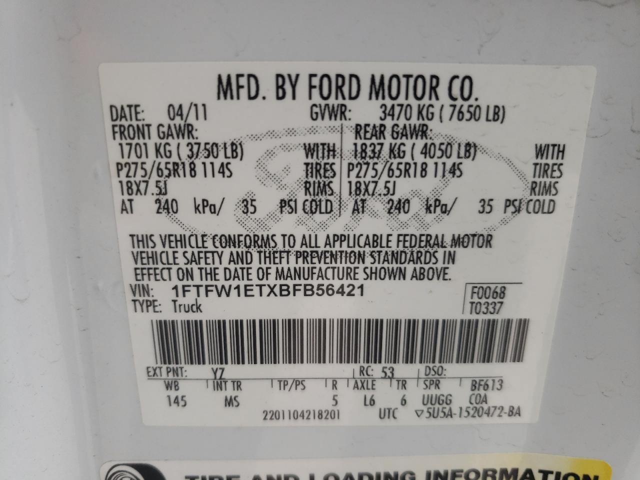 1FTFW1ETXBFB56421 2011 Ford F150 Supercrew