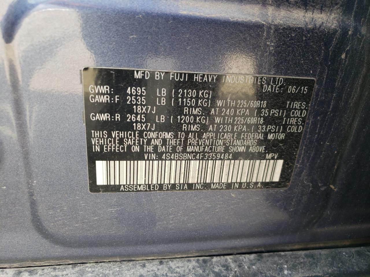 4S4BSBNC4F3359484 2015 Subaru Outback 2.5I Limited