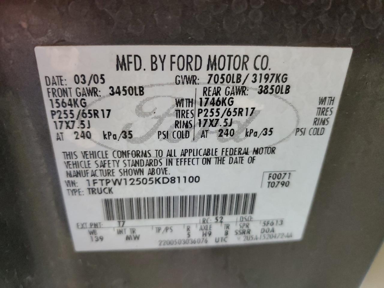 1FTPW12505KD81100 2005 Ford F150 Supercrew