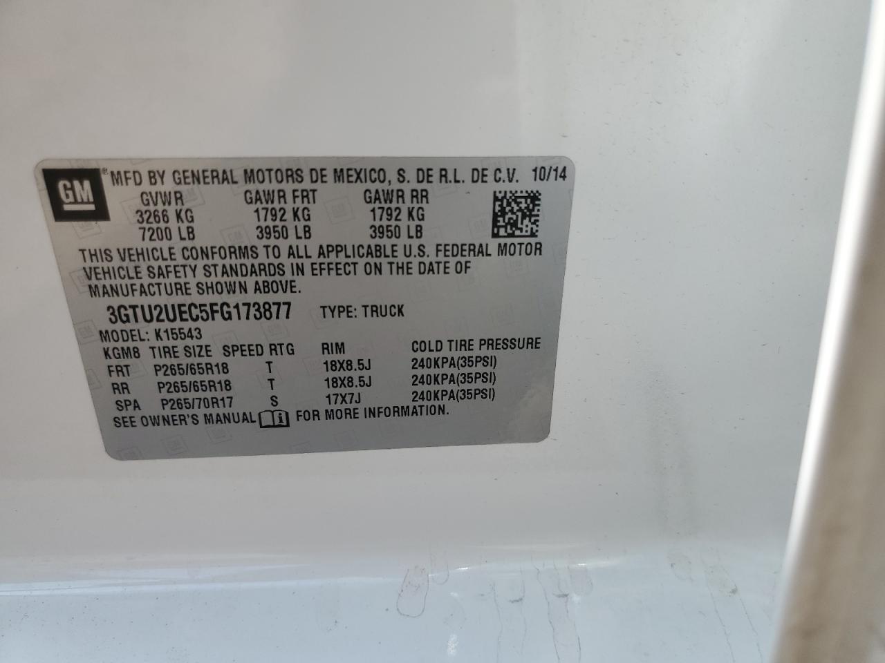 3GTU2UEC5FG173877 2015 GMC Sierra K1500 Sle