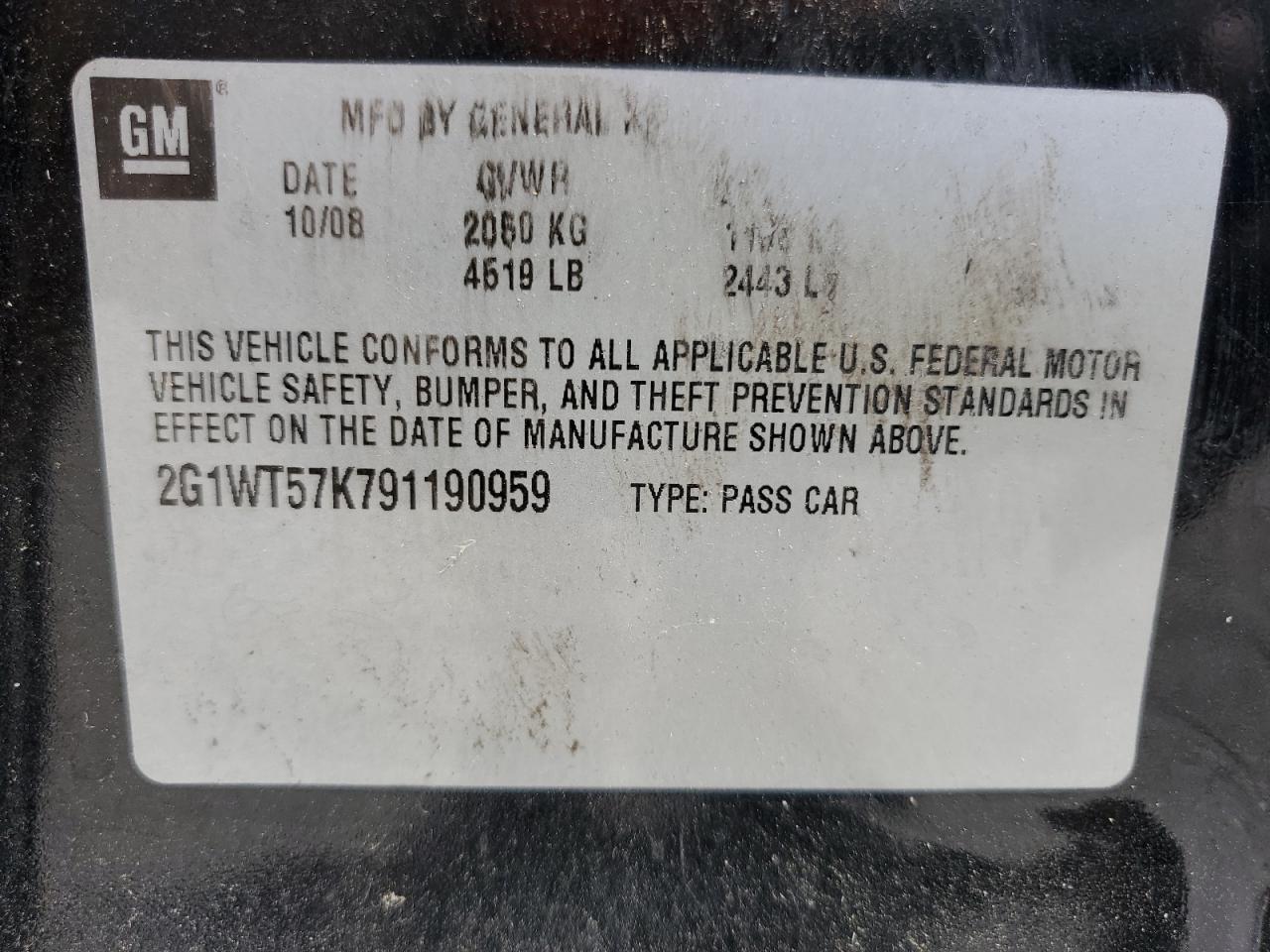 2G1WT57K791190959 2009 Chevrolet Impala 1Lt