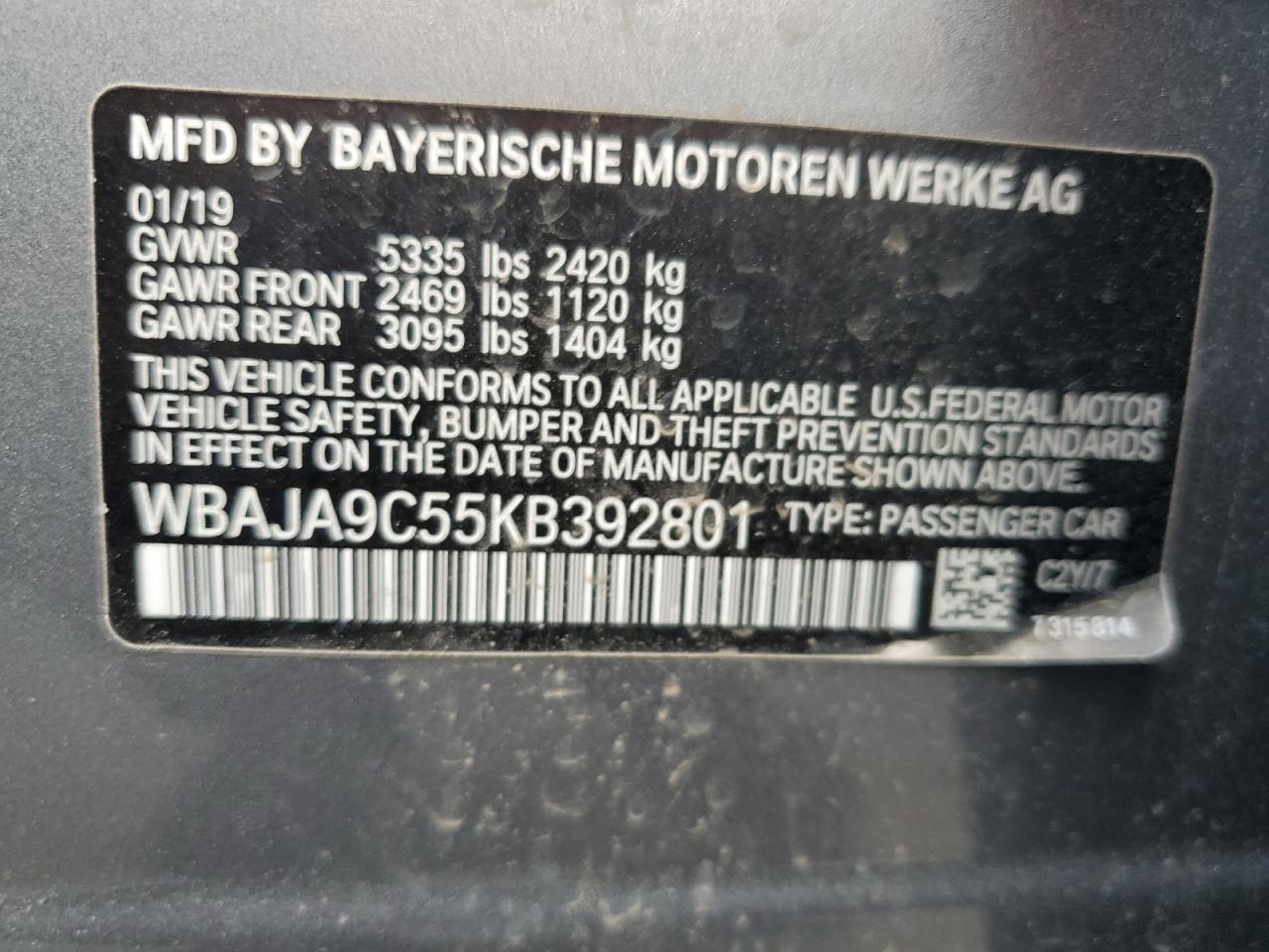 WBAJA9C55KB392801 2019 BMW 530E