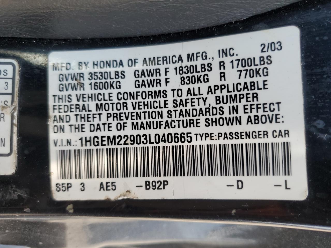 1HGEM22903L040665 2003 Honda Civic Ex