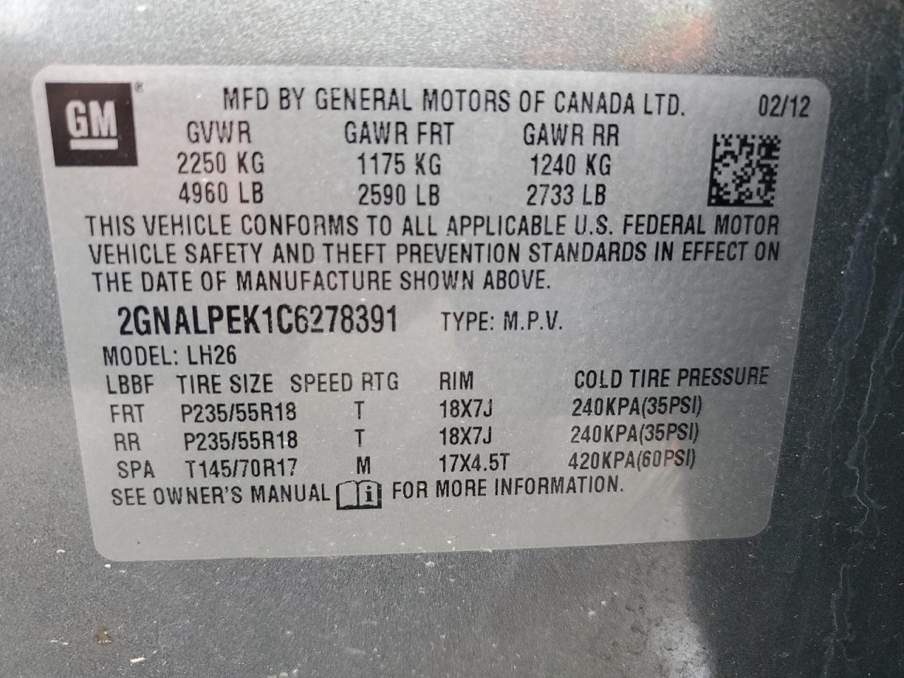 2GNALPEK1C6278391 2012 Chevrolet Equinox Lt