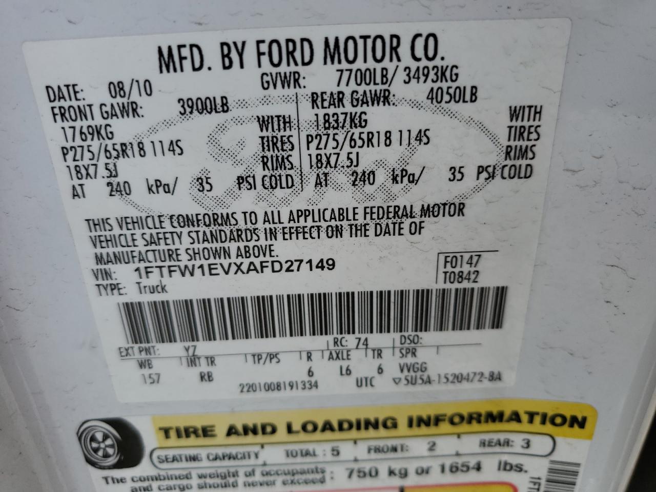 1FTFW1EVXAFD27149 2010 Ford F150 Supercrew