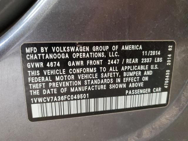 2015 Volkswagen Passat Sel VIN: 1VWCV7A36FC049501 Lot: 58688004