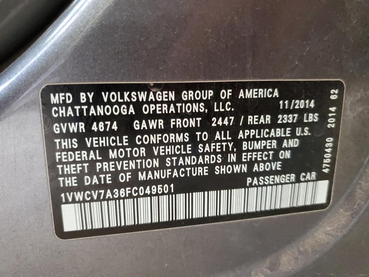 1VWCV7A36FC049501 2015 Volkswagen Passat Sel