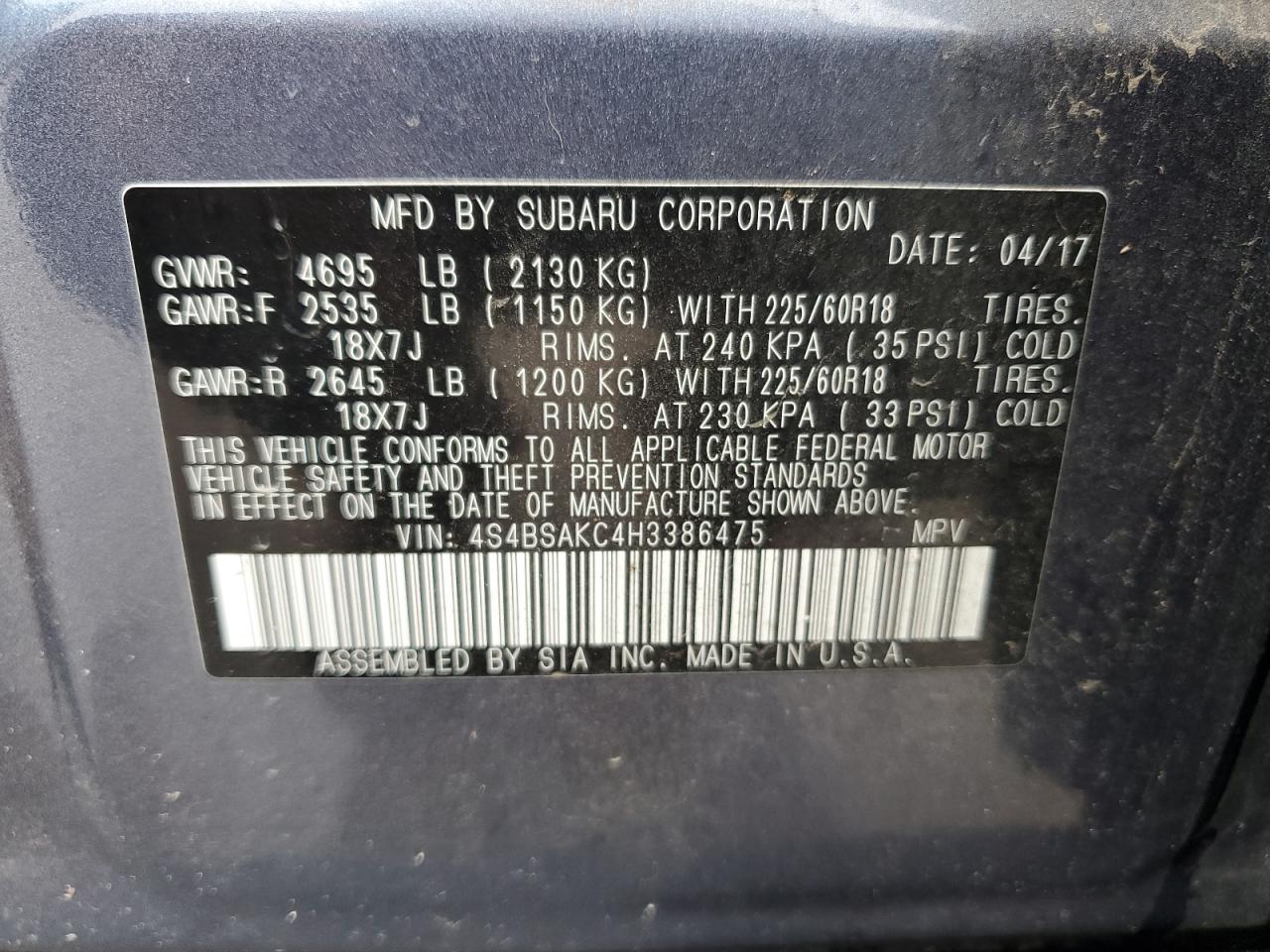 4S4BSAKC4H3386475 2017 Subaru Outback 2.5I Limited