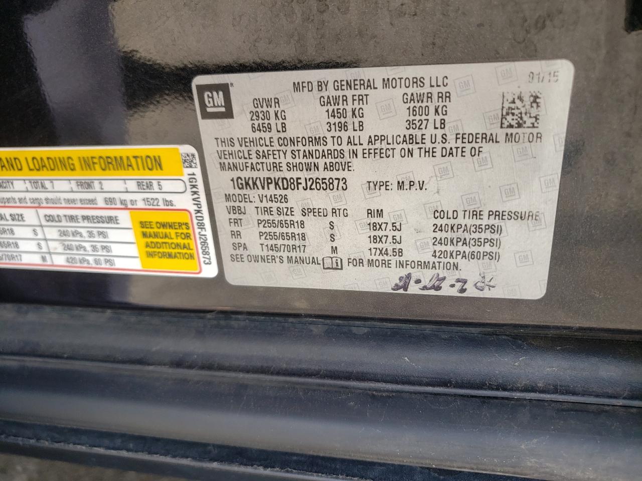 1GKKVPKD8FJ265873 2015 GMC Acadia Sle