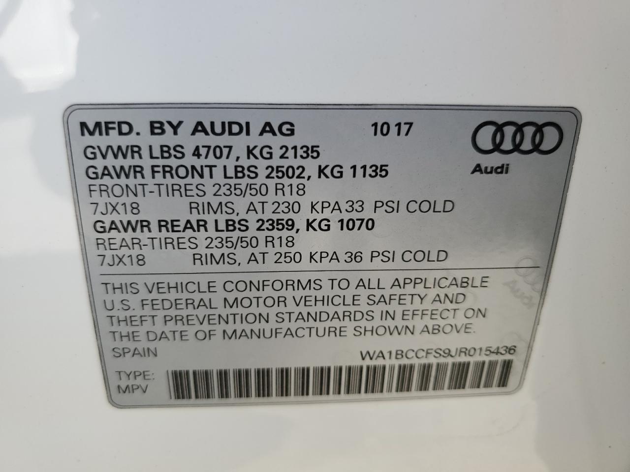 WA1BCCFS9JR015436 2018 Audi Q3 Premium