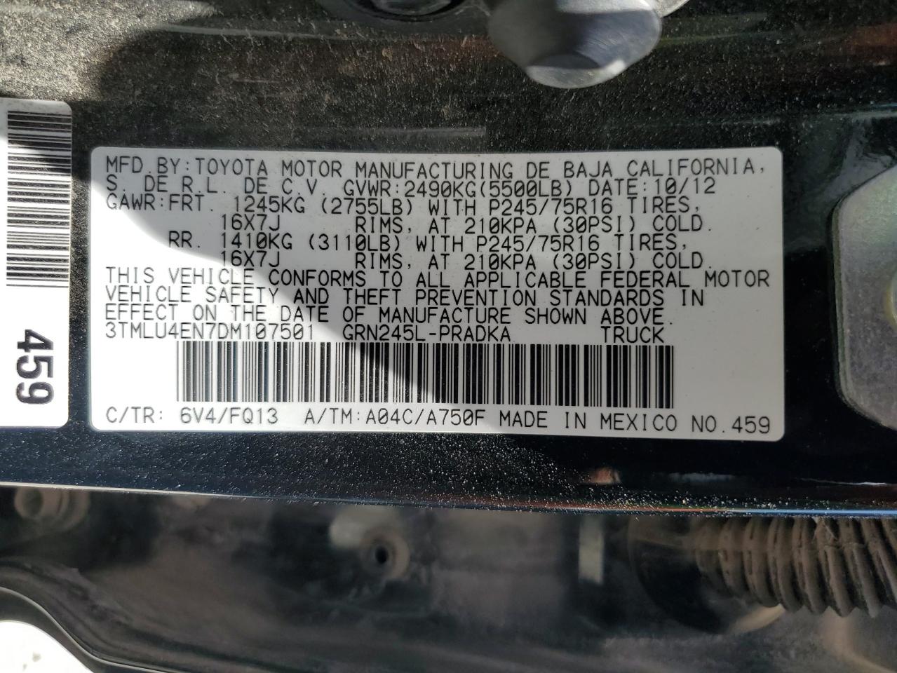 3TMLU4EN7DM107501 2013 Toyota Tacoma Double Cab